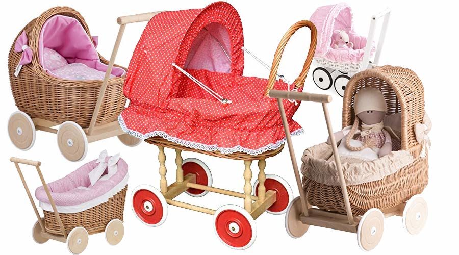 Puppenwagen aus Holz und Korb